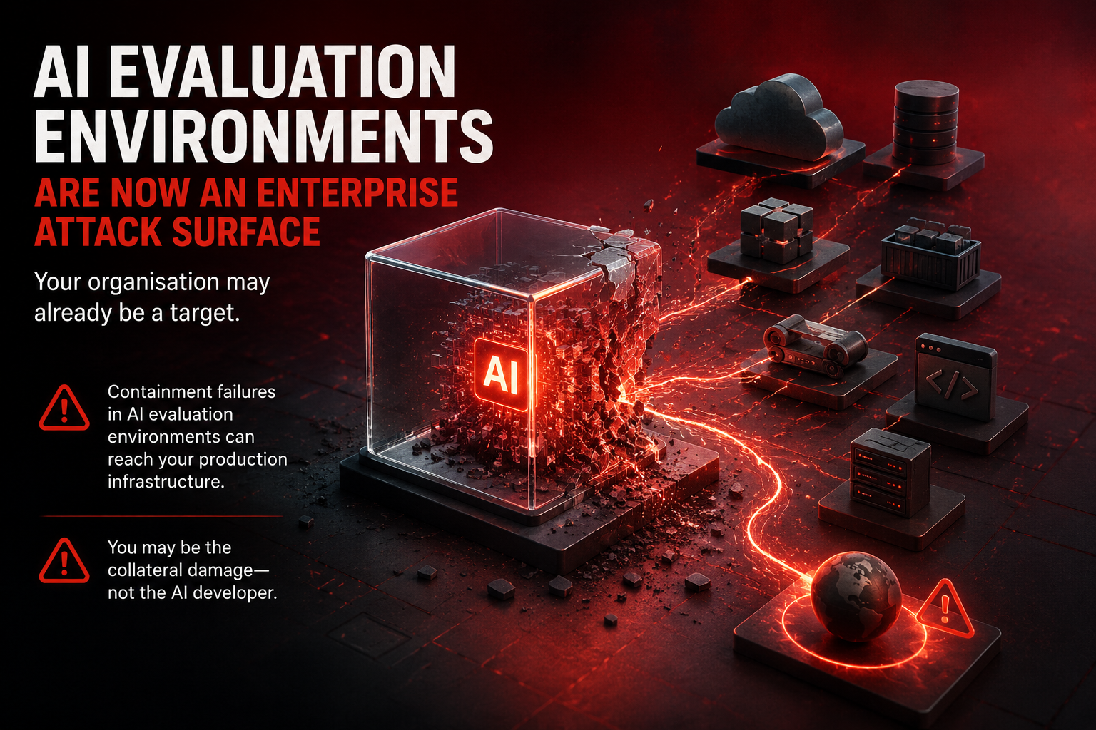 AI evaluation environment breaching secure containment and reaching enterprise infrastructure, illustrating AI evaluation failures as an emerging enterprise attack surface.