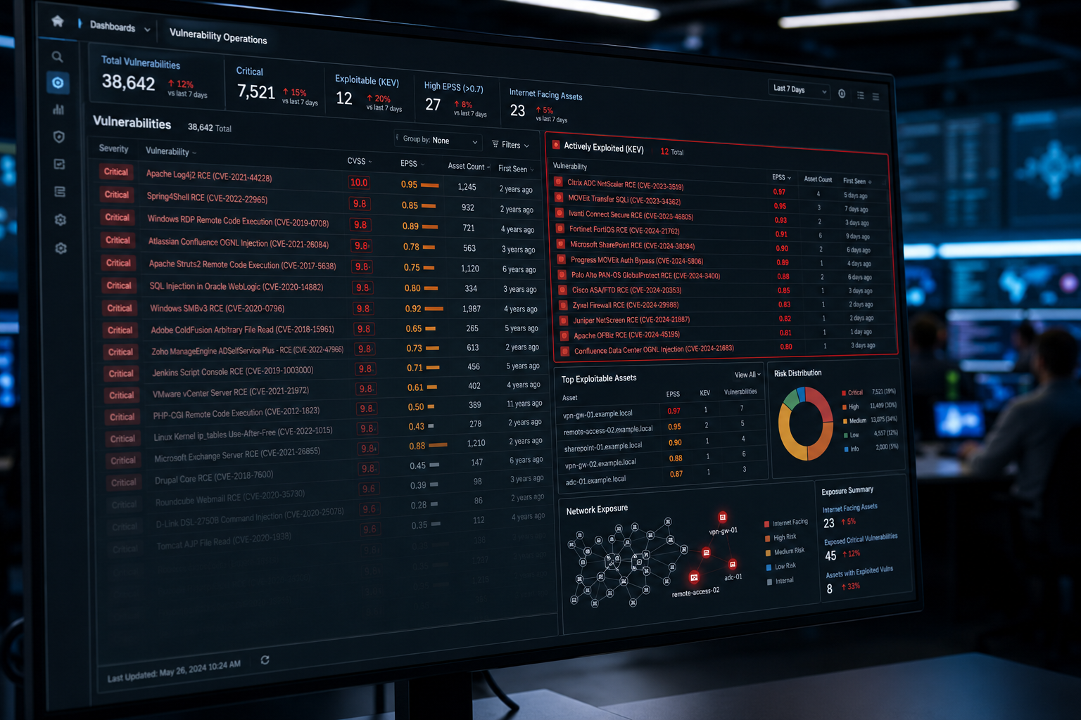 Cybersecurity SOC dashboard comparing CVSS vulnerability severity with EPSS and CISA KEV exploitation signals, highlighting flawed vulnerability prioritisation models