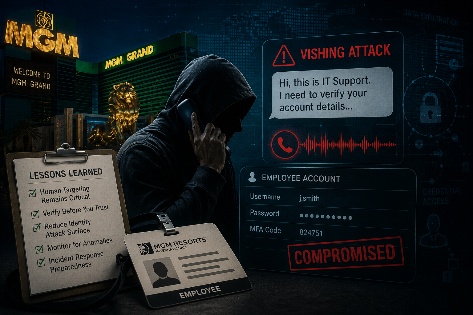 Illustration of the MGM Resorts vishing attack showing a threat actor impersonating IT support to compromise employee credentials, highlighting identity verification failures, social engineering, and enterprise identity attack surface analysis.