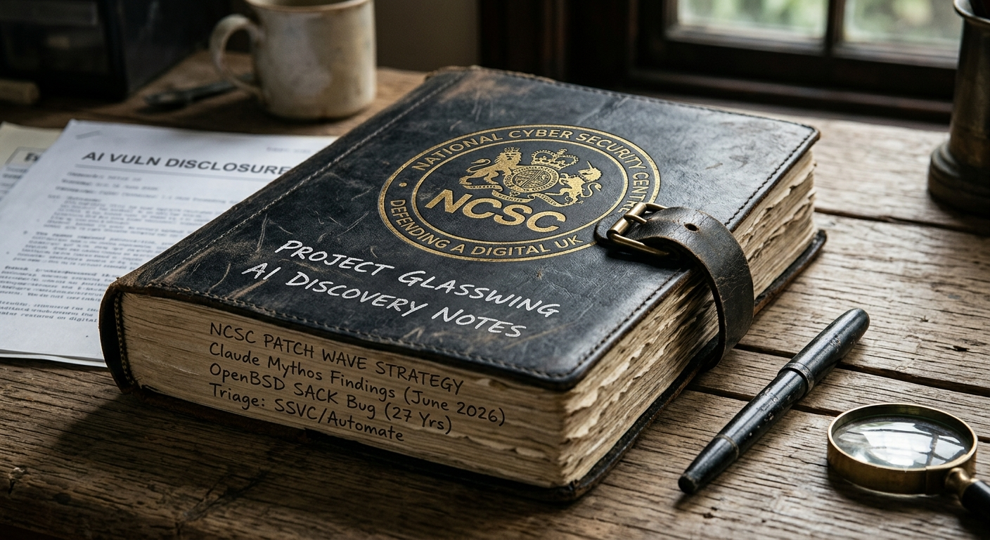 A rustic, weathered black leather diary featuring a gold embossed UK National Cyber Security Centre (NCSC) crest on a wooden desk. Text on the cover reads 