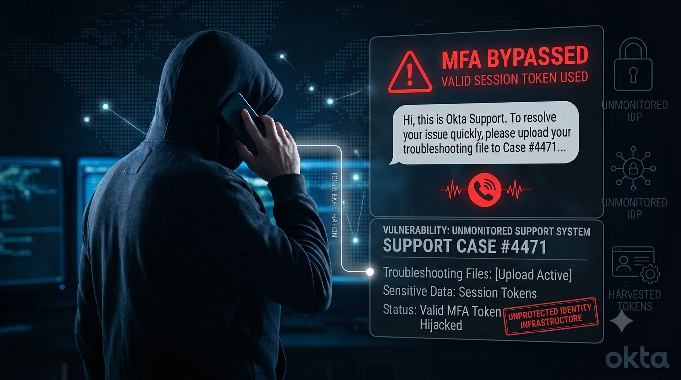 Hooded attacker impersonating support staff to hijack a session token in an Okta third-party breach.
