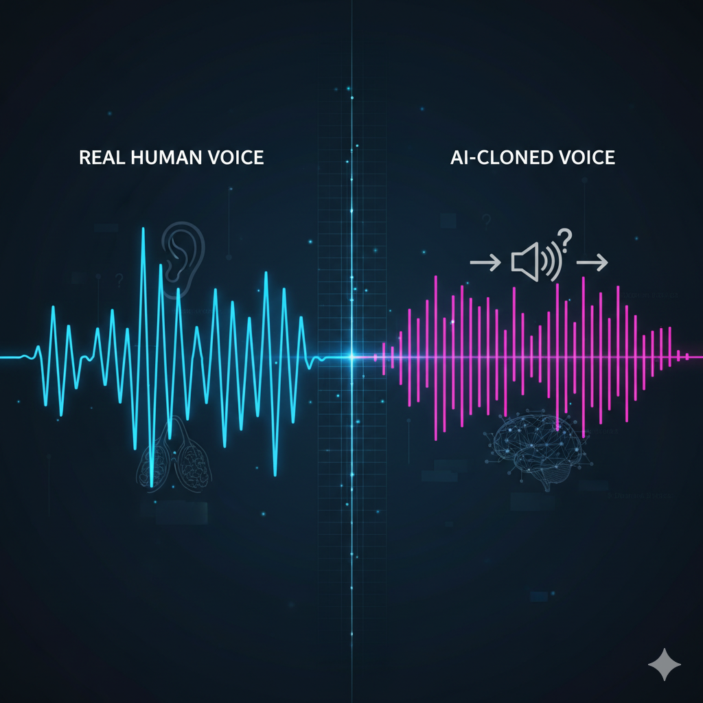 Infographic illustrating real versus AI generated voice waveforms and neural network visualization