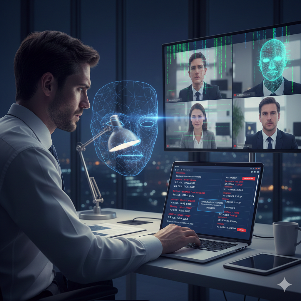 Finance employee in a modern office reviewing large bank transfers on a laptop while a video call with executives shows subtle digital glitches and AI distortions, symbolizing a deepfake fraud attack.